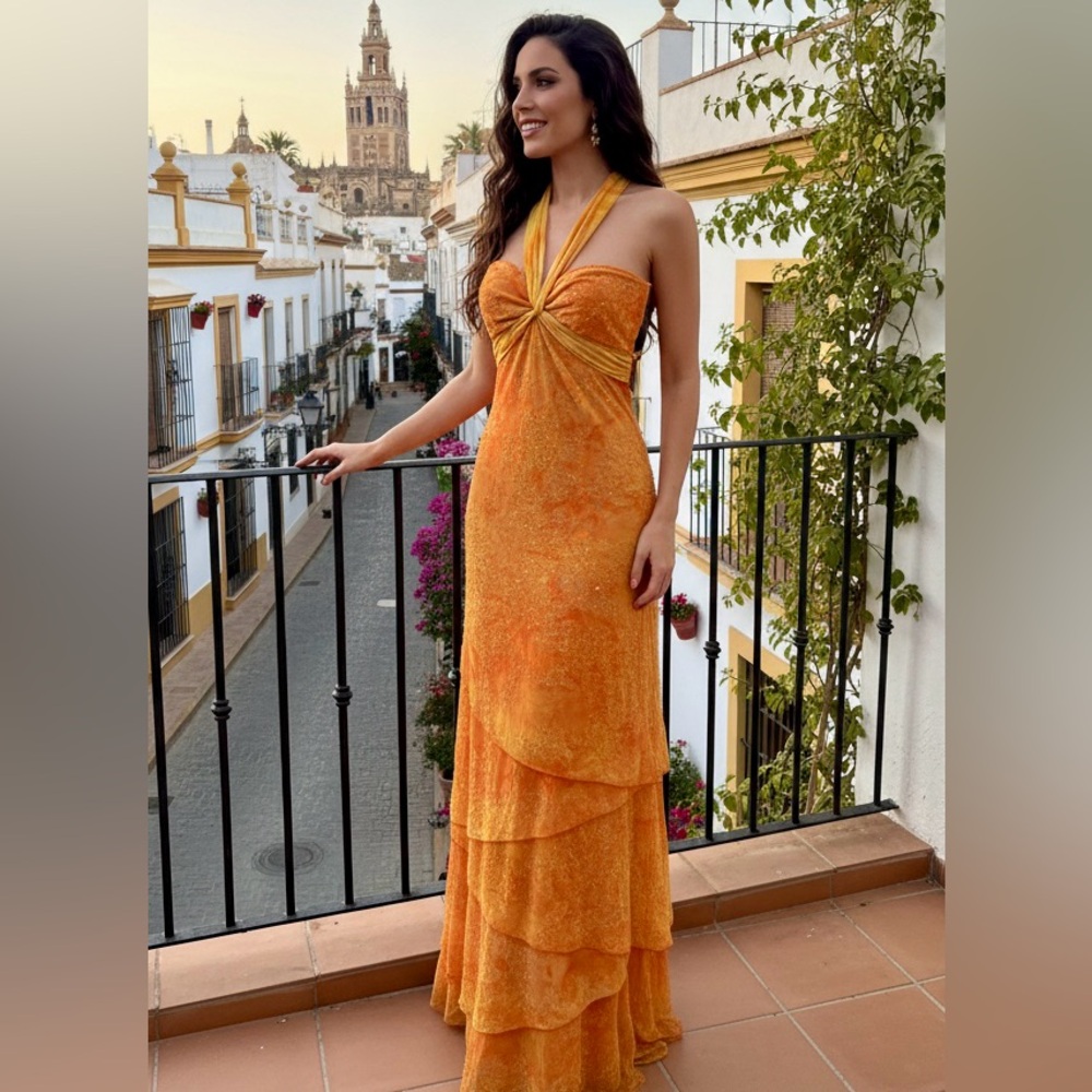 Strap‎ Halter Orange hand beaded Maxi Dress stretch fit
